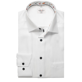 White dress shirt with black buttons and a patterned collar on a white background