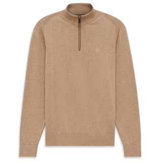 Beige half-zip pullover on a white background