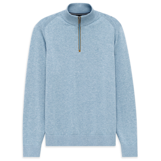 Light blue pullover with a quarter zip on a white background