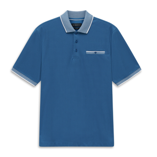 Blue polo shirt with pocket on a white background.