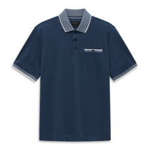 Load image into Gallery viewer, Navy blue polo shirt with striped collar on a white background
