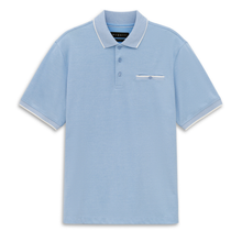 Load image into Gallery viewer, Light blue polo shirt with white trim on a white background
