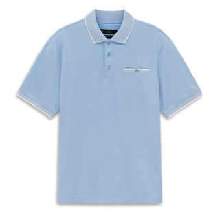Light blue polo shirt with white trim on a white background