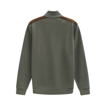Load image into Gallery viewer, Green sweatshirt with brown shoulder patches on a white background
