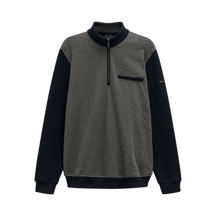 Gray and black pullover with a quarter zip on a white background
