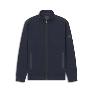 A navy blue zip-up jacket with a stand-up collar, featuring subtle contrast stitching and a small rectangular brand patch on the left sleeve, displayed against a solid white background.