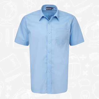 A light blue short-sleeve button-up shirt with a chest pocket, displayed on a light gray background with faint white school-themed doodles.