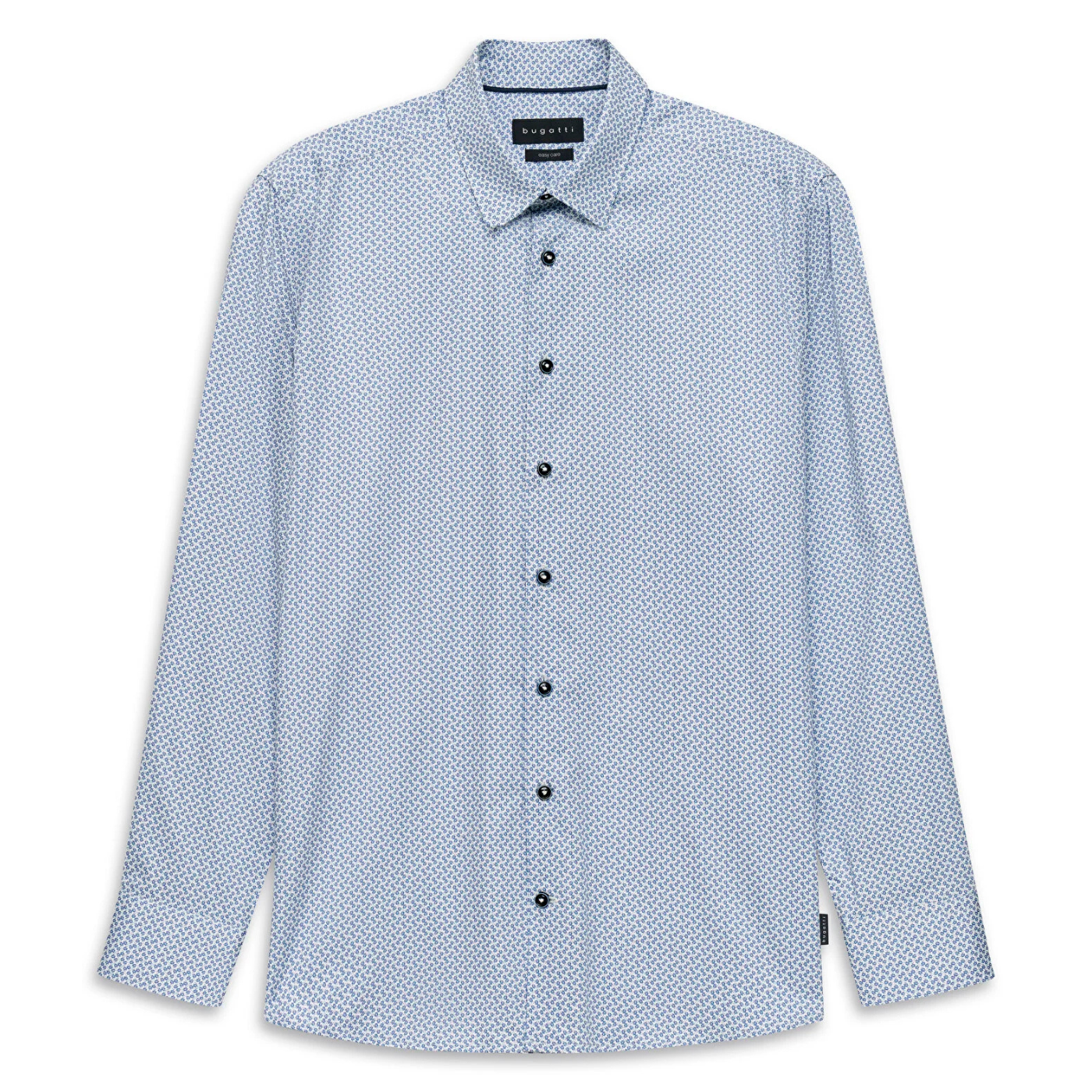 Load image into Gallery viewer, Light blue patterned shirt with black buttons on a white background