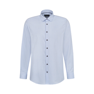 Light blue dress shirt with black buttons on a white background