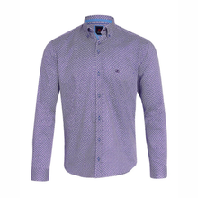Load image into Gallery viewer, A men's long-sleeve button-down shirt with a textured micro-dot pattern in purple and white, featuring a mandarin collar and a small embroidered chest logo.
