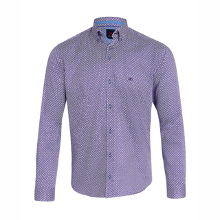 A men's long-sleeve button-down shirt with a textured micro-dot pattern in purple and white, featuring a mandarin collar and a small embroidered chest logo.