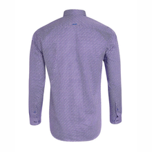 Load image into Gallery viewer, A long-sleeve button-up shirt shown from the back, featuring a fine micro-pattern of small white dots on a light purple base.
