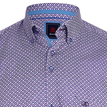 Load image into Gallery viewer, A close-up of a men's button-down shirt with a purple and white geometric pattern, featuring a pointed collar and a visible neck label.
