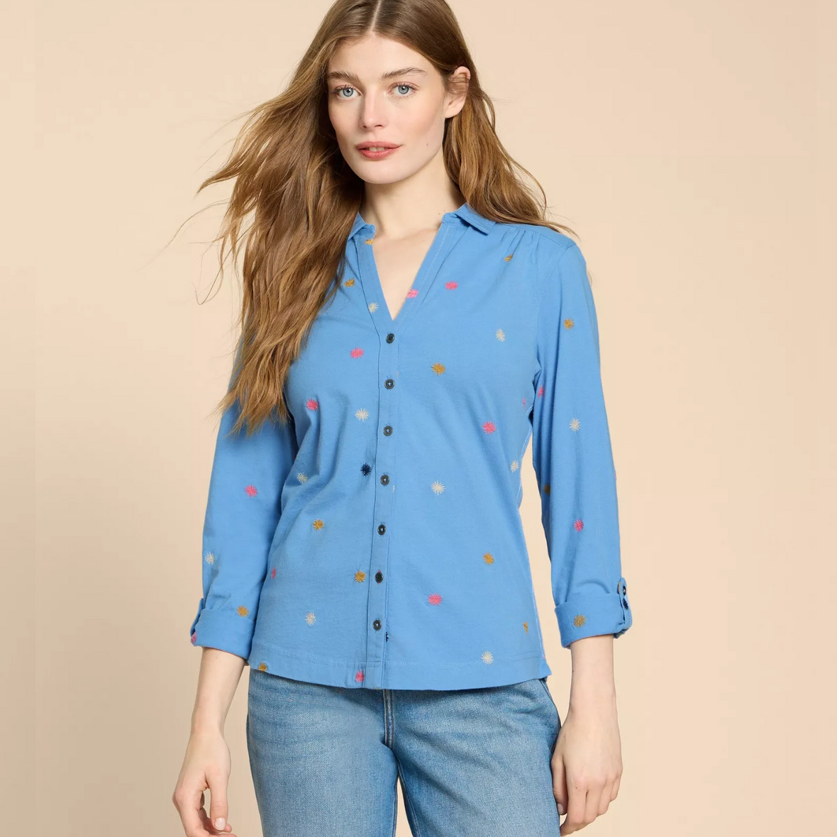 Annie Embroidered Jersey Shirt | Blue