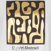 Load image into Gallery viewer, A square abstract art print featuring organic gold shapes on a dark brown background, with the text 'L'Art Abstract' printed below on a white background.
