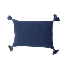 Load image into Gallery viewer, Navy blue pillow with tassels on a white background
