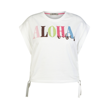 Load image into Gallery viewer, White sleeveless top with 'ALOHA' text in colorful letters on a white background
