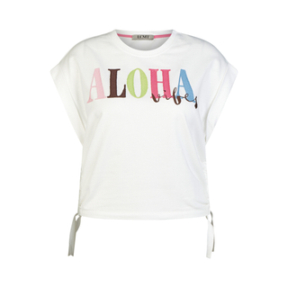 White sleeveless top with 'ALOHA' text in colorful letters on a white background