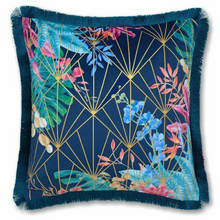 Load image into Gallery viewer, Face view of the full cushion including the frindged edge, Botanical scene with gold stems on a navy background 
