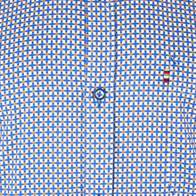 Load image into Gallery viewer, Blue and beige checkered shirt with a brand logo on a matching background

