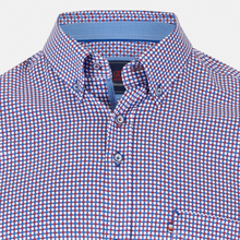 Load image into Gallery viewer, Close-up of a red and blue checkered shirt with a collar on a light gray background
