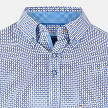 Load image into Gallery viewer, Blue and white checkered shirt with a collar on a light gray background
