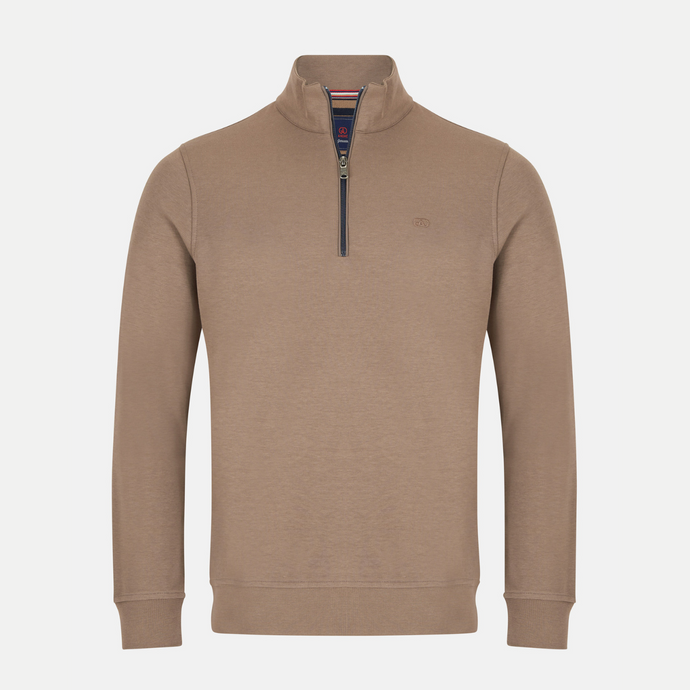 Brown half-zip sweatshirt on a light gray background