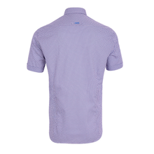 Load image into Gallery viewer, Back view of a patterned purple shirt on a white background
