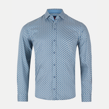 Load image into Gallery viewer, Blue patterned shirt on a light gray background
