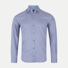 Load image into Gallery viewer, Blue patterned shirt on a light gray background
