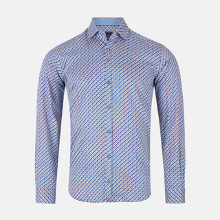 Blue patterned shirt on a light gray background