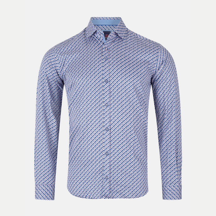 Blue patterned shirt on a light gray background