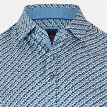 Load image into Gallery viewer, Close-up of a patterned polo shirt with a brand logo on a white background
