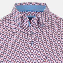Load image into Gallery viewer, Patterned shirt with geometric design in red and blue on a white background
