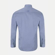 Load image into Gallery viewer, Blue patterned shirt on a light gray background
