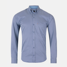 Load image into Gallery viewer, Blue patterned shirt on a light gray background
