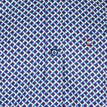 Load image into Gallery viewer, Close-up of a blue checkered fabric with a button and tag.
