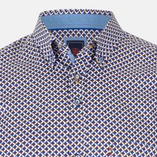 Load image into Gallery viewer, Blue and gold checkered shirt with brand logo on a white background
