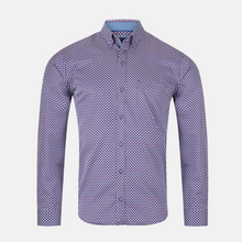 Load image into Gallery viewer, Purple patterned shirt on a light gray background
