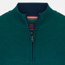 Load image into Gallery viewer, Green sweater with a zipper and brand logo on a white background
