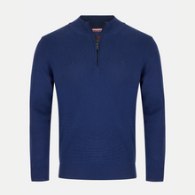 Load image into Gallery viewer, Blue sweater with a quarter zip on a light gray background
