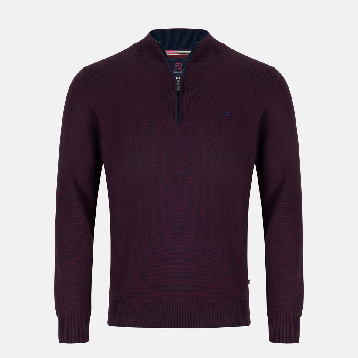 Dark purple sweater with a zipper on a light gray background