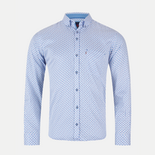 Load image into Gallery viewer, Blue patterned shirt on a light gray background
