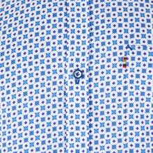 Load image into Gallery viewer, Patterned fabric with blue and white geometric design
