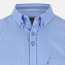 Load image into Gallery viewer, Blue and white checkered shirt with brand logo on a light gray background
