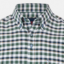 Load image into Gallery viewer, Green and white checkered shirt with brand logo on collar
