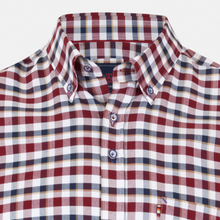 Load image into Gallery viewer, Close-up of a red and white checkered shirt with a collar.
