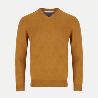 Mustard yellow sweater on a light gray background
