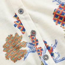 Load image into Gallery viewer, Close-up of a fabric with colorful geometric patterns and buttons on a white background
