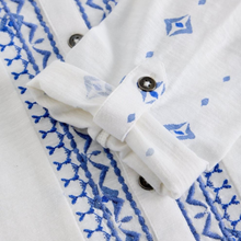 Load image into Gallery viewer, Close up of Seleeve and fabric on the  White Stuff Annie Jersey Shirt, White Print.
